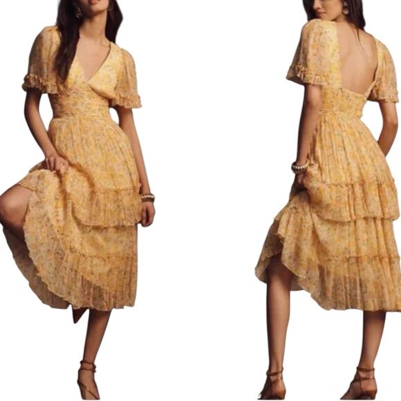 BHLDN Namoni Butter Yellow Chiffon‎ Short-Sleeve Floral Ruffle Maxi Dress - Picture 1 of 14